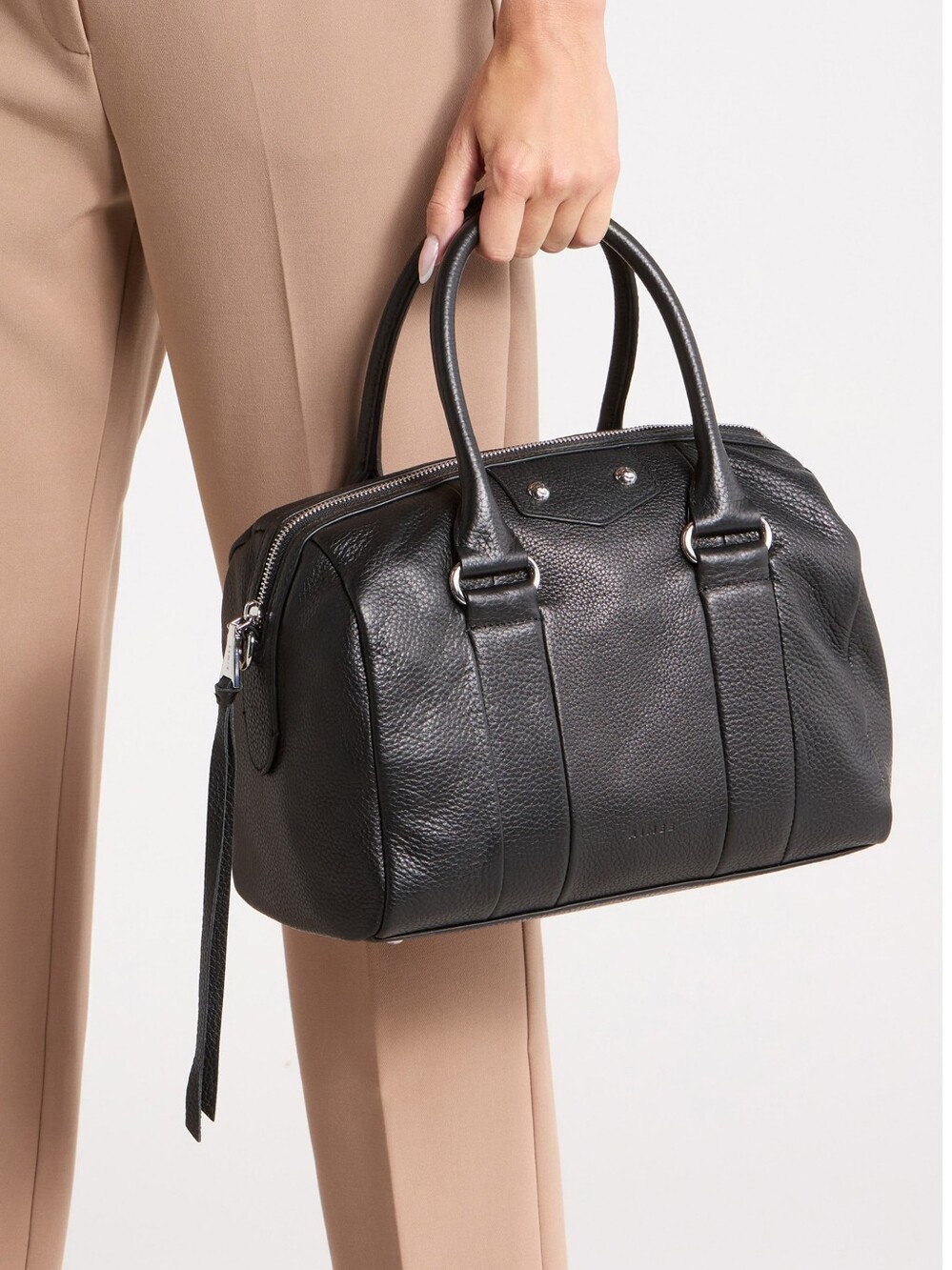 Aimee Hudson Barrel Black Leather Bag